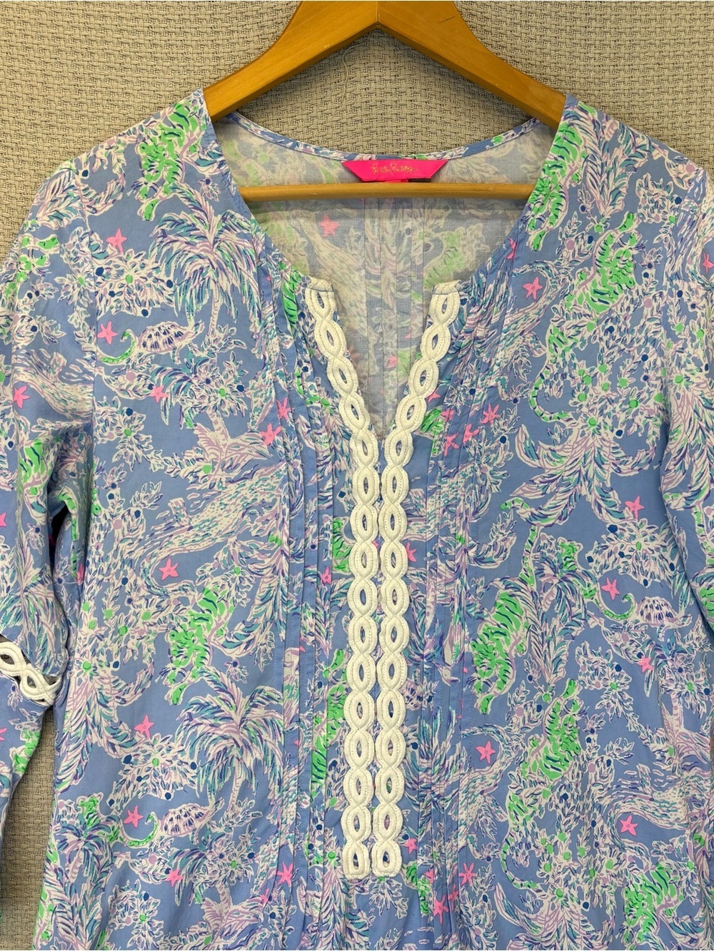 Lilly Pulitzer Hollie Tunic Women's Mini Dress Large Tropical Blue Beach Boho - Picture 2 of 10